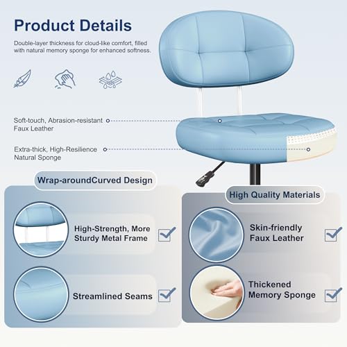 Image of Misolant Vanity Chair with Back, Small Armless Cute Office Chair with Wheels and Lumbar Support, Comfy PU Leather Desk Computer Chairs with Adjustable Height, 360Swivel for Home Bedroom Office, Blue