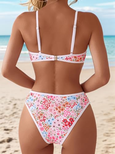 Image of Fanuerg Women's Triangle Bikini Sets O Ring Linked Two Piece Swimsuits Floral Printed Cheeky Bathing Suit