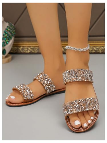 Verdusa Women's Glitter Rhinestone Flat Sandals Open Toe Double Strap Summer Slip on Slides4