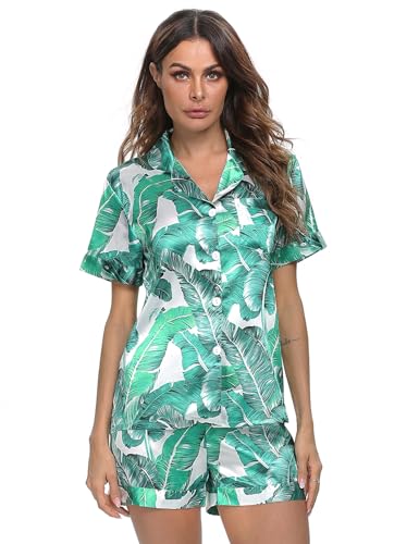 Image of SWOMOG Womens Silk Satin Pajamas Set Short Sleeve Sleepwear Button Down Top and Shorts Loungewear 2 Piece Pjs Set XS-3XL
