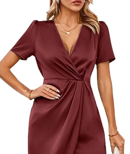 Image of Sexyshine Women's Wrap V Neck Short Sleeve Satin Midi Dress Split Hem Ruched Pleated Formal Evening Party Dresses