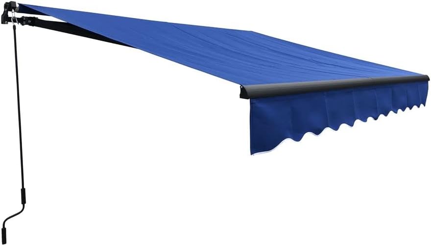 ALEKO Manual Retractable Patio Awning|10' W x 8' L Handle Crank Deck Awning| Black Frame, Polyester Water Resistant Canopy, UV Protection Sun Shade for Yard, Porch, Balcony| Blue