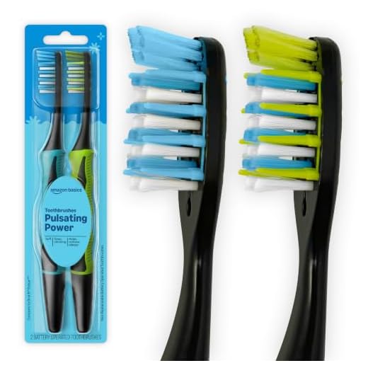 Amazon Basics Soft Toothbrushes for Adults - Pulsating Deep Cleaning with Soft Bristles, 2 Count, Assorted Colors, Packaging May Vary