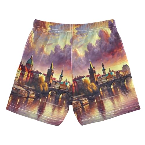 River Buildings Purple Boys Swim Trunks Quick Dry Toddler Swimsuit Boy Swimwear Board Shorts Bathing Suits M2