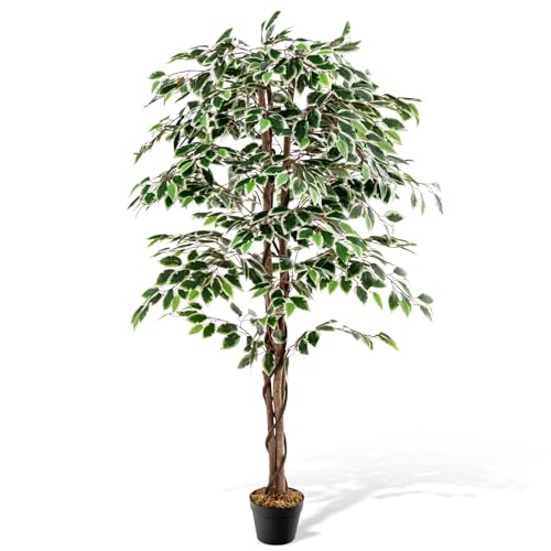 COSTWAY Albero di Fico Artificiale 160 CM, Pianta Finta da Interno con 1008 Foglie, Tronco Naturale in Legno, Vaso Robusto, Muschio Secco, Albero Finto per Casa, Ufficio, Soggiorno, Portico