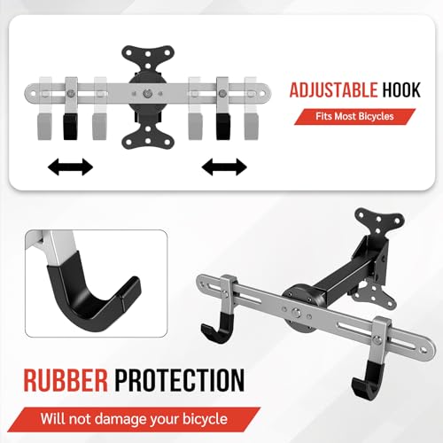 Bike-Wall-Mount-for-GarageAluminum-Alloy-Steel-Folding-Bicycle-Rack-360-RotationAdjustable-Hook-66lbs-Capacity-Horizontal-Indoor-Bike-Storage-for-Road-Mountain-Hybrid-Bikes