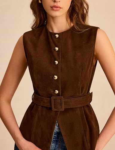 Lentta Womens Suede Vest Crew Neck Sleeveless Button Down Dressy Suit Waistcoat with Belt3