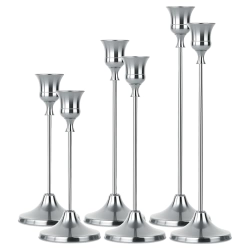 2 Sets(6 Pcs) Silver Tapered Candle Holder Candlestick Tall Metal Candlestick Holders for Table Centerpiece Home Decor for Wedding Fireplace Mantel Housewarming Gift Fits 3/4 Inch Thick Candles