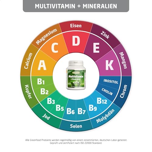 Greenfood Multivitamin, hochdosiert, 677mg - 120 Kapseln, vegan. Hochwertige Vitamine, Mineralien, Spurenelemente - A bis Z Komplettversorgung. OHNE künstliche Zusätze - laborgeprüft.