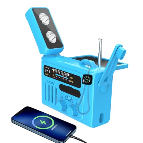 Radio solar de emergencia con manivela, NOAA/AM/FM con linterna LED y lámpara de lectura, carga USB tipo C/solar/manivela de mano, altavoz Bluetooth, alarma SOS y brújula para emergencias en