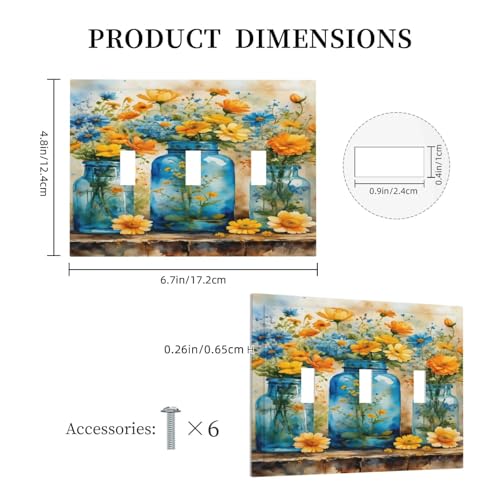Decorative Switch Covers Plate Rustic Yellow Flowers Floral Blue Bottles 3 Gang Wall Plate Oversized Triple Toggle Light Switch Plate Jumbo Faceplate for Country Bedroom Home Decor