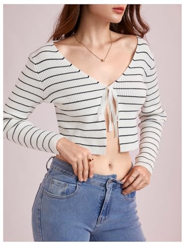 Image of Floerns Women's Tie Front Long Sleeve Rib Knit Shrug Sweaters Cardigan Crop Top
