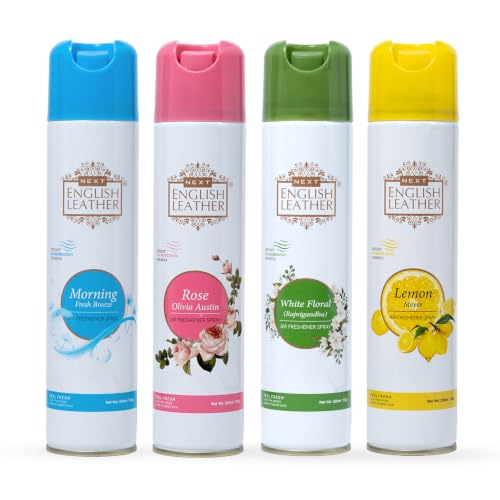 Image of Next Care English Leather Air Freshener Spray 220ml Each | Long Lasting Room Freshener for Home, Office & Car | Odour Eliminator (Lemon, Rose, White Floral & Morning)