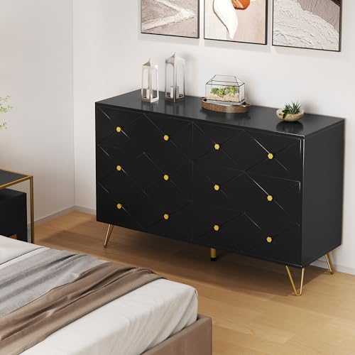 DWVO Upgrade Large 6 Drawer Dresser for Bedroom, Black Wood Dresser Chest of Drawers with Fluted Panels, Modern 47" W TV Stand Double Dressers Storage Cabinet for Living Room, Hallway, Entryway