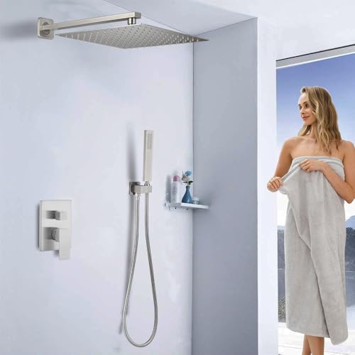Image of Shower Faucet Set 16 Inch Wall Mount Rain Shower System, All Metal Shower Fixtures - Brushed Nickel