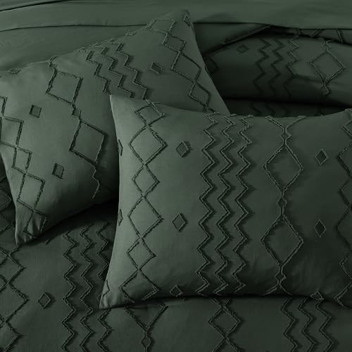 Image of AMBERSPACE King Size Comforter Set Dark Green, Tufted Boho Bedding Farmhouse Bed Set, All Season 7 Pieces Bed in a Bag with Sheets, Pillowcases & Shams