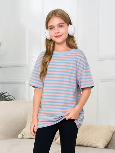 Image of Haloumoning Girls Striped Short Sleeve T Shirts Kids Summer Oversized Tops Casual Crewneck Tees 5-14 Years