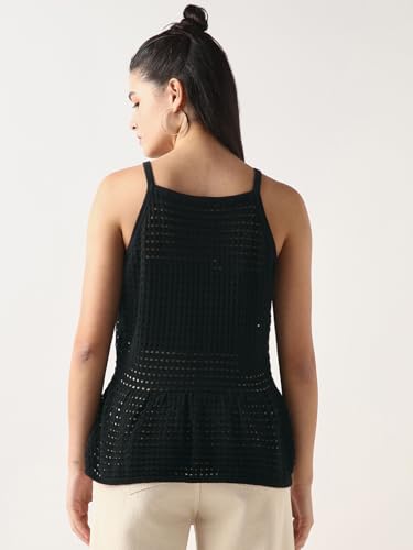 Image of Bewakoof Women's Textured Regular Fit Sleeveless V-Neck 100% Cotton Flat Knit Short Top