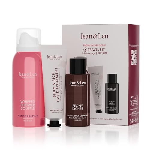 Jean & Len Travel Set Pfingstrose & Litschi, ideales kleines Geschenk oder Mitbringsel, Produkte für Körper und Geist, Verpackung ist FSC zertifiziert, kleine Reisegrößen, veganes Geschenkset