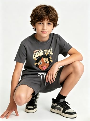 Image of Size 6-12 Years Boys Summer Outfits Set Kids Short Sleeve Top T-Shirt & Shorts Color Block Clothing Sets