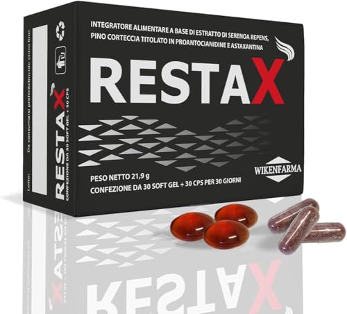 Restax 30+30 per alopecia androgenetica maschile. Antiandrogeno, ferma caduta di capelli e stimola ricrescita, softgel in olio di serenoa repens con massima purezza e dosaggio, formulazione bifasica