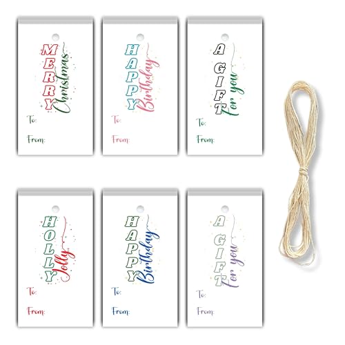 Set of 60 Gift Tags, 2x3.5 Inch with 20 Feet of String - Christmas, Birthday, All Occasions Gift Tags (Simplicity Assortment)