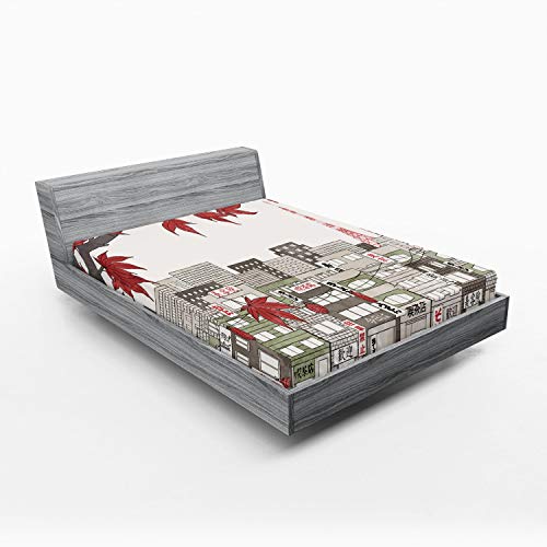 Ambesonne Tokyo 2 Pack Fitted Sheet, Japanese City Art Panorama, Bed Cover All-Round Elastic Deep Pockets 2 Pieces, Package Contains 2 Full Size Fitted Sheets, Coconut Red