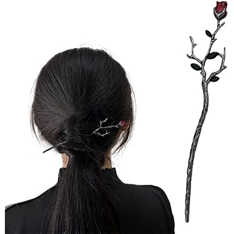 Retro Hair Chopsticks Rose Metal Hairpin Handmade Hair Stick Classic Hair Pins for Women Girls Long Hair (Black) Cover