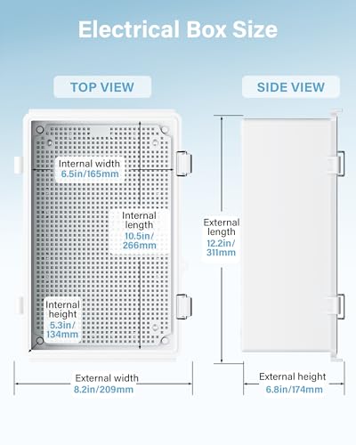 Waterproof Junction Box ABS Plastic, Outdoor Electrical Box IP67 Hinged Cover Project Box with Mounting Plate Wall Brackets and 2 Cable Glands, Grey Electrical Enclosure 11.4\"x7.5\"x5.5\"