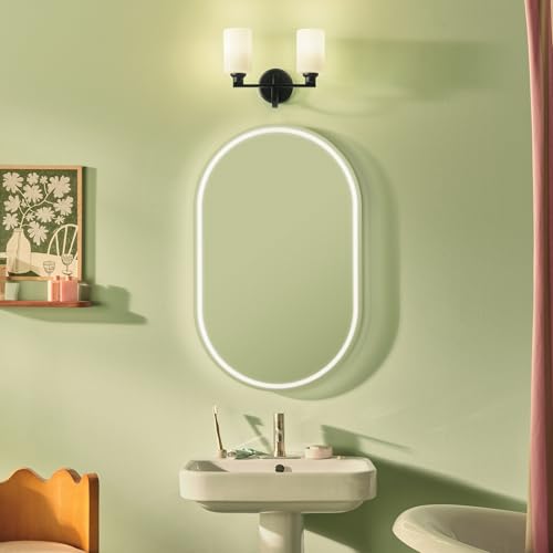 Image of Kichler Gioe 2-Light Bathroom Vanity Light Fixture with Opal Glass, 14.25 in Modern Black Wall Sconce for Mirror, Damp Rated Lighting (14.25 in W x 10.5 in H), 55225BK