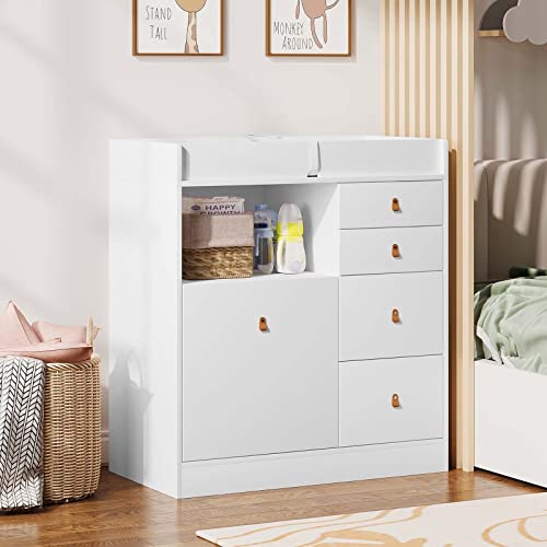 Lovinouse Premium Baby Changing Table and Dresser with Changing Pad, Nursery Dresser with Drawers and Diaper Bag, Diaper Changing Station Table for Boys and Girls, White