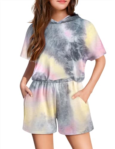Image of Girls Summer Outfits Kids Hooded-Shirts and Elastic Waist Shorts Sets | short sleeve drop shoulder hooded shirt and shorts with two pockets tie dye leopard letter