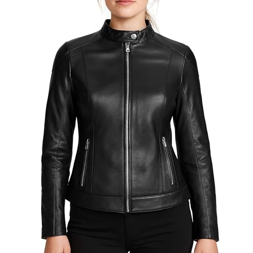 Leatherick Chaqueta Premium de Piel de Cordero Negra Lisa con Diseño Texturizado Grabado a Láser para Mujer con Cierre de Cremallera Frontal (FR/ES, Letras, L, Regular, Regular, Negro (Liso))