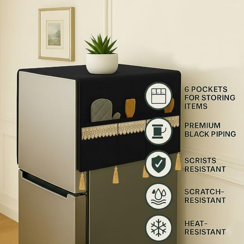 Image of Refrigerator Single Door Waterproof, Dustproof, Tassel Lace Refrigerator Top Cover, Protective Cover for Fridges with Extra Storage Space Nylon Top cover with 6 Storage Pockets ( Black, 130 x 54 cm )