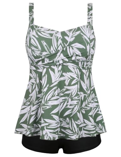 Septangle Bathing Suit Sets for Women Full Coverage Modest Swim Suits for Women 2025 Tummy Control Twist Front Retro Tankini Set, Green & White Leaves US14