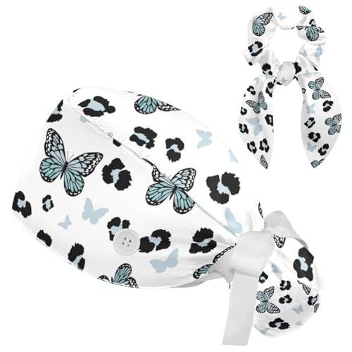 Image of Butterfly Leopard Scrub Cap, Adjustable Working Cap with Button, Bouffant Caps with Bow Hair Scrunchy