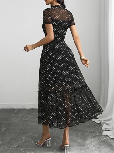 Image of GothDark Women's Summer Floral Mesh Ruffle Dress Short Sleeve Round Neck Waist Cinched Casual Maxi Wedding Guest Dresses