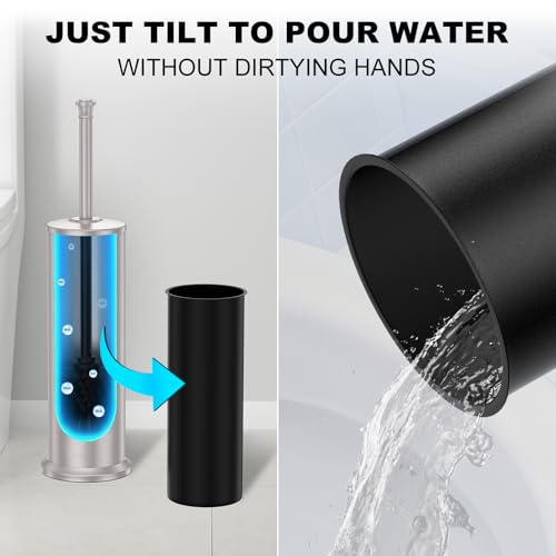 Image of Stain Nickel Toilet Brush and Holder,Extra Long Handled Toilet Brush for Bathroom,Stainless Steel Heavy Duty Toilet Bowl Brush,Removable Inner Bowl,Deep Cleaning Dense Bristles Brush