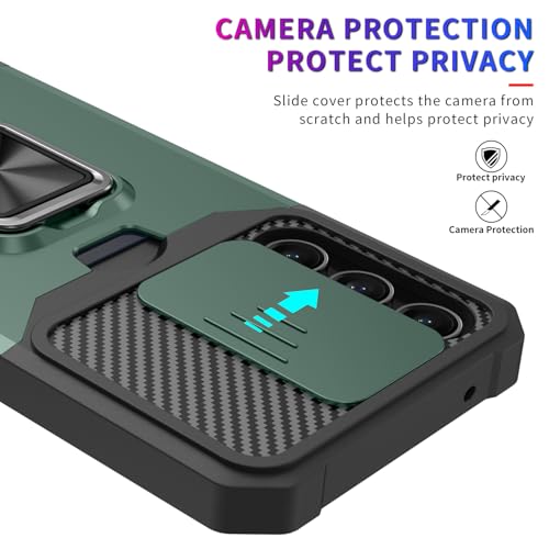 Image of LuxuryKase Shockproof Armor Case for Samsung Galaxy S26 | Slide Camera Cover | Hidden Card Slot | Rotating Ring Kickstand | Magnetic Car Mount Support | Military Grade Protection - Green