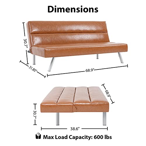 Naomi Home Zoe Futon Sofa Bed Faux Leather Futon Couch Modern Convertible Folding Sofa Bed Couch With Chrome Legs, Reclining Mini Couch, Leather Futon Small Couch For Bedroom Living Room Caramel #TOP1