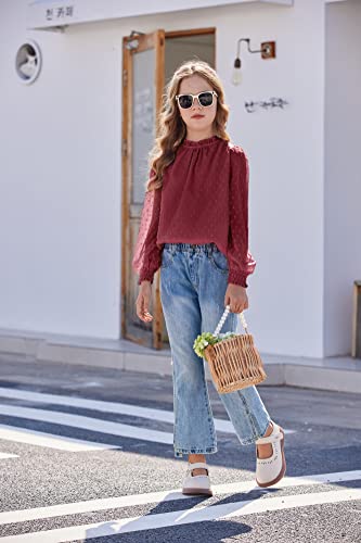 Image of Arshiner Girls Long Sleeve Shirts Chiffon Blouses Swiss Dot Frill Neck Top