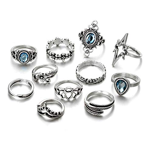 Zealmer 11Pcs Vintage Knuckle Ring Set Flower Star Rings Boho Crystal Joint Knuckle Nail Midi Ring Set