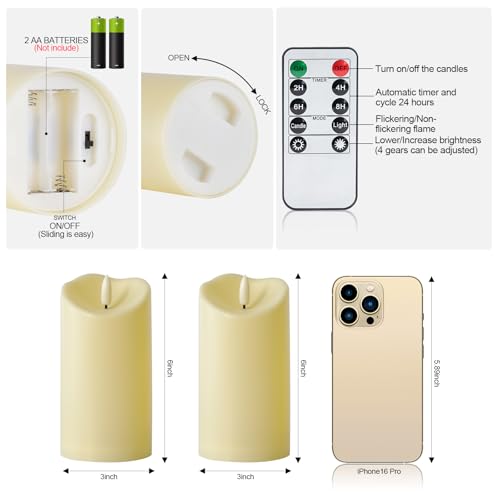 Image of Raycare 6 inchx3 inch Outdoor Waterproof Flameless Candles with Remote and Timer, Battery Operated LED Electric Fake Pillar Candle for Christmas Home Wedding Decor, Dark Ivory, Set of 2