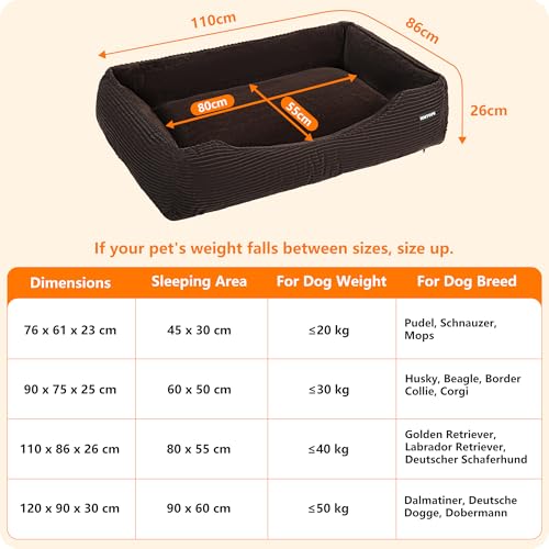HMTOPE Hundebett, Hundesofa, Hundematte aus Cord, S/M/L, rutschfest, Abnehmbar und Waschbar, Weich und Atmungsaktiv, Braun, 110 x 85 x 27 cm