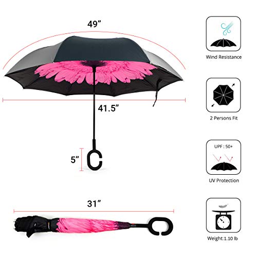 Parquet 2-Pack Double Layer Inverted Umbrellas - Pink And Blue Flower C Shaped Handle Reverse Folding Windproof Umbrella For Men And Women #TOP4
