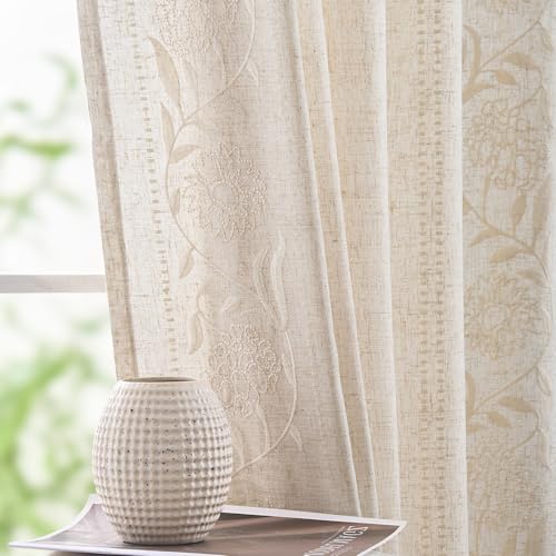 Image of jinchan Ivory Floral Linen Curtains for Living Room 72 inch Back Tab 2 Panels