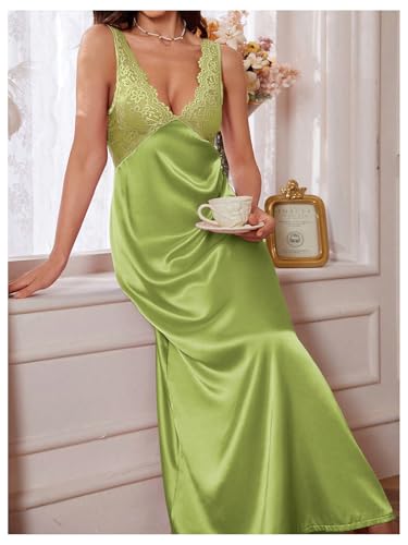 Image of WDIRARA Women's Satin Sleepwear Nightgown | Lace, Backless, Deep V Neck, Sleeveless, Long