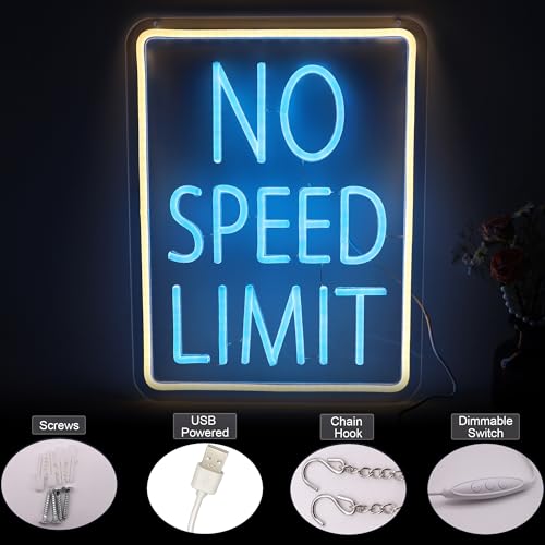 Image of No Speed Limited LED Neon Sign, Cool Garage Sign, Race Cars Themed Bedroom Decor USB Powered Neon Light for Man Cave, Game Room, Teen Boy Decor Bar & Auto Lovers Holiday Birthday Gift