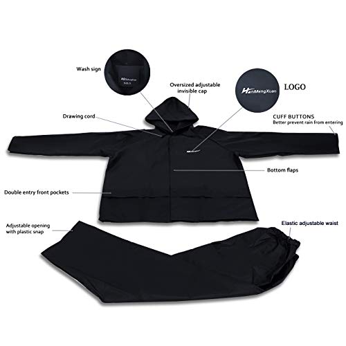HANMENGXUAN Portable Rain Suit Waterproof Rain Gear Raincoat Jacket and pants for Men Women Adults(Black,Large)