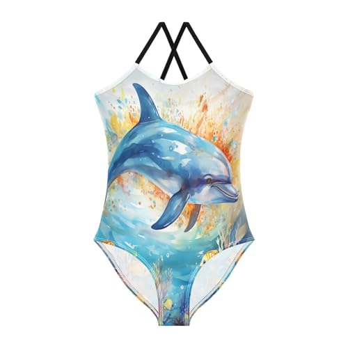 Fancy Watercolor Art Dolphin Girls' Swimwear Beachwear One Piece Swimsuit Bathing Suits for Kids